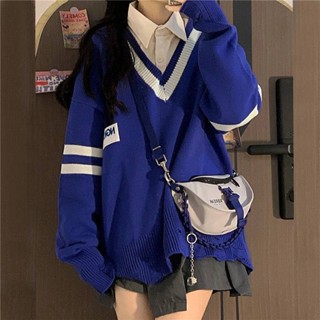 ชิ้นเดียว/ชุด Klein สีน้ำเงินใหม่ฤดูใบไม้ร่วงและฤดูหนาวเสื้อสเวตเตอร์ป่านักเรียนหญิงสไตล์เกาหลีเสื้อสเวตเตอร์คอวีสีตัดกั
