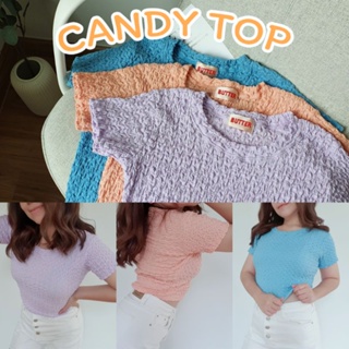 aboutapril - Candy Top 🍭 เสื้อยืดคอกลมผ้าย่นเกาหลี สีน่าร๊ากก สดใสสุดๆ✨