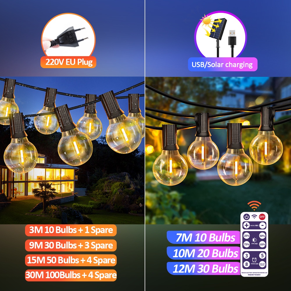 ไฟปิงปอง-โซล่าเซลล์-ไฟวินเทจled-20bulb-ยาว-10เมตร-หลอดแอลอีดี-ขั้ว-e12ปลั๊ก-กันน้ำ50-bulbทังสเตนไฟโซล่าเซลล์-ไฟตกแต่งสวน