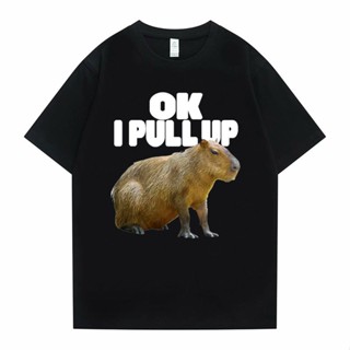 เสือยืดผู้ชาย ตกลงฉันดึงขึ้น Capybaras กราฟิกพิมพ์เสื้อยืดผู้ชายผู้หญิงลําลองหลวม Tshirt ตลกท็อปส์ซู Tees ฤดูร้อนผู้ชายเ