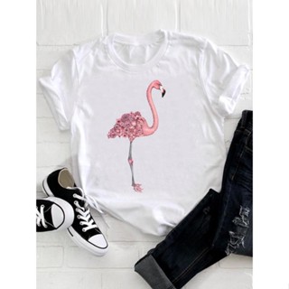 เสื้อสีขาว แขนสั้นสวยสบาย ๆ ฤดูร้อนทีออฟแฟชั่นผู้หญิงเสื้อผ้าพิมพ์ Tshirt Flamingo 90s ชายหาดนีซเสื้อยืดกราฟิกด้านบน