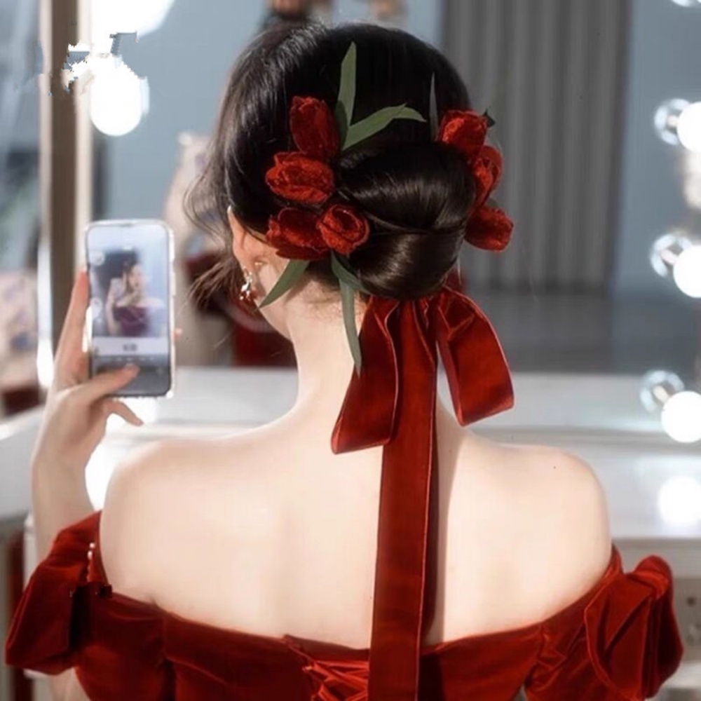 ใหม่-ที่คาดผม-ผ้ากํามะหยี่-ลายดอกทิวลิป-สไตล์วินเทจ-สําหรับเจ้าสาว