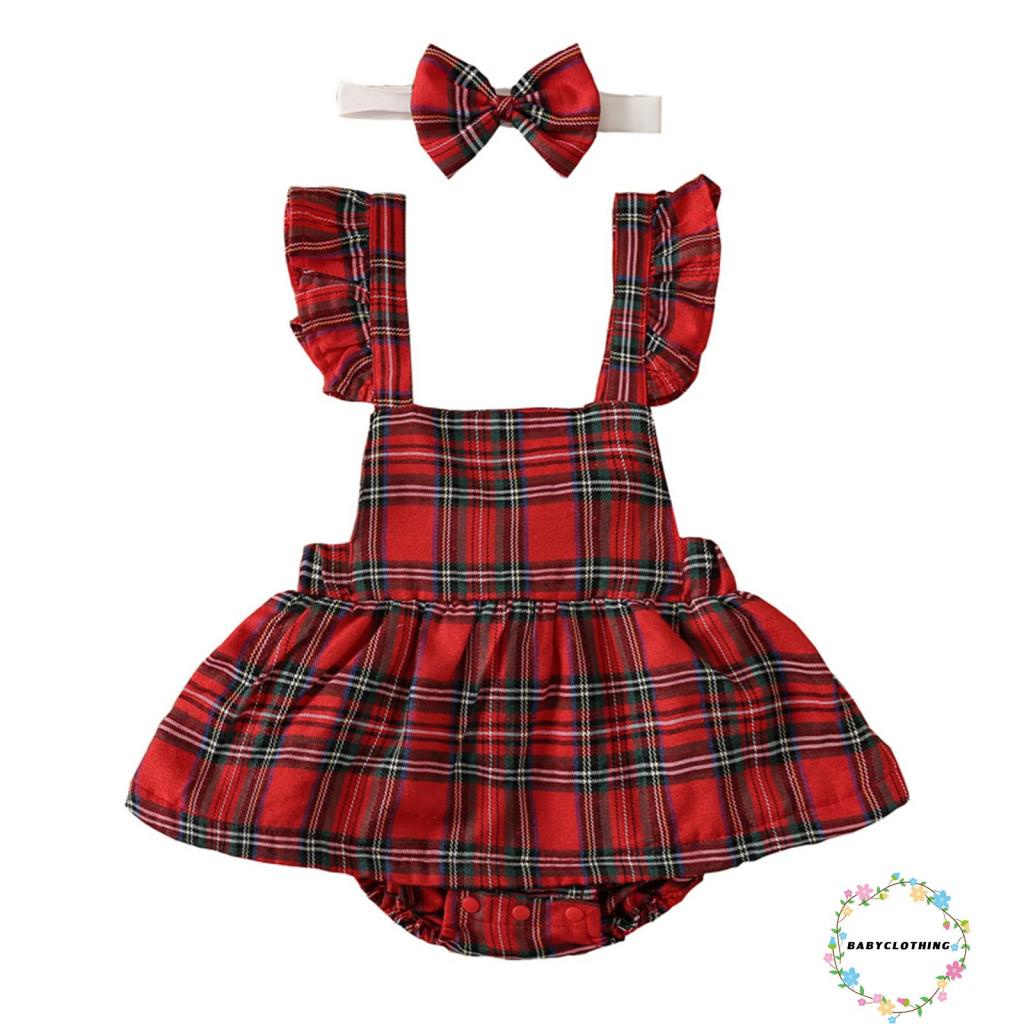 babyclothes-ชุดรอมเปอร์-แขนกุด-คอสี่เหลี่ยม-ลายสก๊อต-ที่คาดผม-ประดับโบว์-คริสต์มาส-สําหรับเด็กผู้หญิง