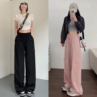 Cargo pants ผ้า nylon สาวY2K ดีเทลแต่งเชือกรอบเอว สม็อคหลัง amuse move on