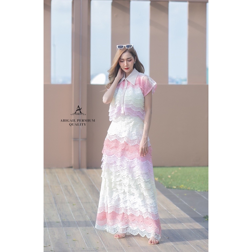 เช็คไซส์ก่อนกดสั่ง-พร้อมส่ง-s-l-เซตเสื้อคอปกระดุมหน้า-ตัดเย็บลูกไม้เรียงชั้นๆกับกระโปรงผ้าตัดต่อลูกไม้สลับสีโทนพาล
