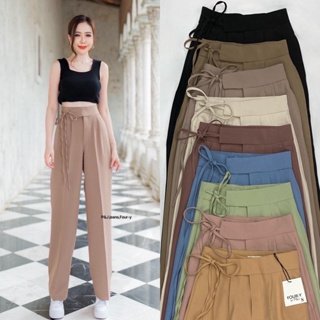 กางเกงผู้หญิง ขากระบอก เอวสูง ผูกโบว์ข้าง สไตล์แฟชั่นเกาหลี มีกระเป๋า S-XL