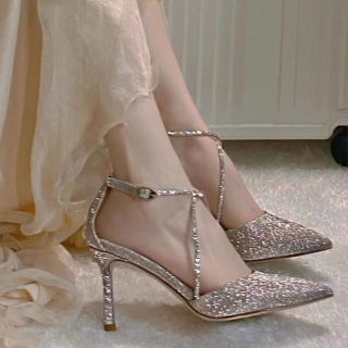 [พร้อมส่ง] ใหม่ รองเท้าส้นสูง ประดับพลอยเทียม สําหรับผู้หญิง ใส่ไปงานแต่งงาน 2022