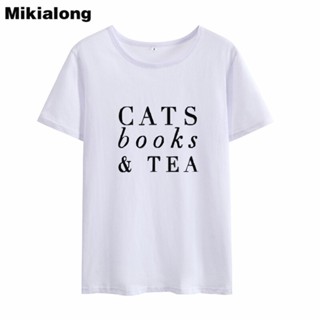 เสื้อทหาร Mikialong 2018 kediler kitaplar ve çay % 100% pamuk kısa kollu Harajuku üstleri yazlık เสื้อยืด kadınlar için