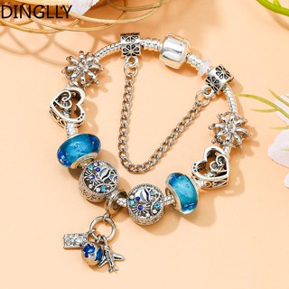 Dinglly มงกุฎมงกุฎมหาสมุทร สีเงิน สร้อยข้อมือ เสน่ห์ สําหรับผู้หญิง Diy สีฟ้า แก้ว ลูกปัด กําไลข้อมือ