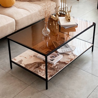 2-Tier Modern Rectangular Coffee Table Accent Table Glass Tabletop Sintered Stone Storage Shelf Cocktail Table Home