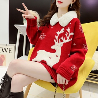 เสื้อกันหนาว พิมพ์ลายกวาง คริสต์มาส น่ารัก สีแดง สไตล์เรโทร สําหรับผู้หญิง