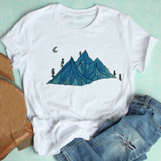 เสื้อยืดผู้ชาย Camiseta de manga corta con estampado de montaña para mujer, camiseta bonita con estampado de moda de via