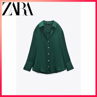 Zara เสื้อเชิ้ต ผ้าซาติน ผ้าเดรป แฟชั่นฤดูใบไม้ร่วง สําหรับผู้หญิง