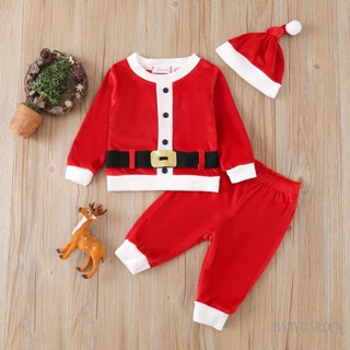 Babygarden-0-24 เดือน ชุดคริสต์มาส แขนยาว คอกลม ผ้ากํามะหยี่ พร้อมเข็มขัด สีดํา กางเกงขายาว และหมวก สําหรับเด็ก 3 ชิ้น
