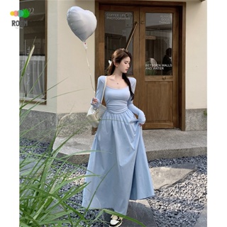 Nini Autumn New Product · younger sexy blue long-sleeved waist pleated dress new womens Pengpeng skirt large skirt gentle square collar