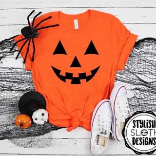 Korean เสื้อยืดฮาโลวีน Funny Pumpkin Face Women  Orange Halloween T-shirt Causal Streetwear Fall Witch Graphic Tee