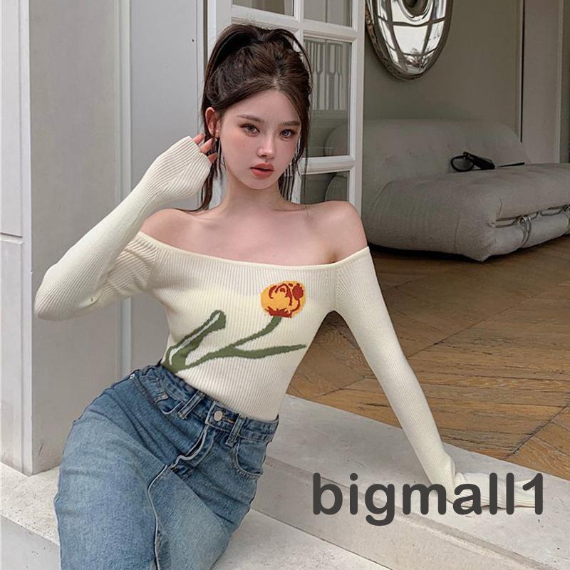 bigmall-เสื้อท็อปแขนยาว-เปิดไหล่-ผ้าถัก-ลายดอกไม้-สําหรับผู้หญิง