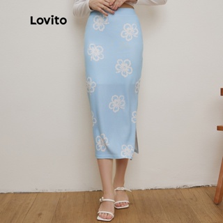 Lovito กระโปรง เอวยางยืด ลายดอกไม้ แนวตรง L20D013 (สีฟ้าอ่อน)