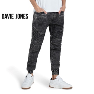 DAVIE JONES กางเกงจ็อกเกอร์ ยีนส์ เอวยางยืด ขาจั๊ม สีดำ Drawstring Denim Joggers in black GP0077BK