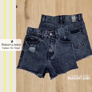 BabarryJeans ยีนส์ขาสั้น ผญ เอวสูง สะกิดขาด สีดำสโนว