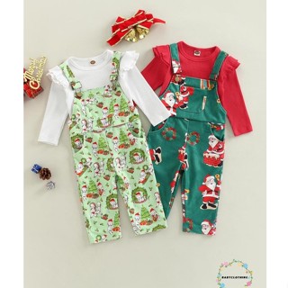 Babyclothes- ชุดรอมเปอร์ เสื้อแขนยาว คอกลม แต่งระบาย พิมพ์ลายซานต้าครอส และกางเกงขายาว สีพื้น สําหรับเด็กผู้หญิง