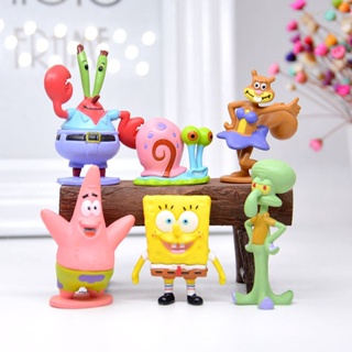 ของเล่นตุ๊กตา SpongeBob PVC พร็อพสําหรับตกแต่งปาร์ตี้คริสต์มาส วันเกิดเด็ก 6 ชิ้น