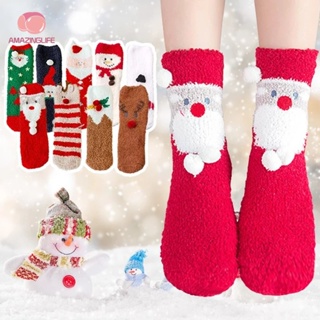 ถุงเท้า ผ้ากํามะหยี่ แบบหนานุ่ม พิมพ์ลายการ์ตูนซานตาคลอส กวาง 3 มิติ เหมาะกับเทศกาลคริสต์มาส ฤดูหนาว 1 คู่