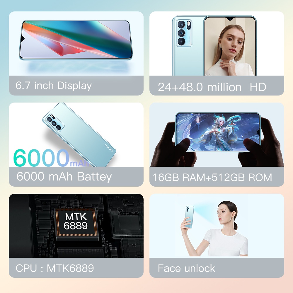 ภาพหน้าปกสินค้าโทรศัพท์ OPPQ Reno6 สมาร์ทโฟน 16+512GB ราคาถูกโทรศัพท์มือถือ Android สมาร์ทโฟนจอใหญ่ สองซิม มือถือ จากร้าน shblychzmm บน Shopee