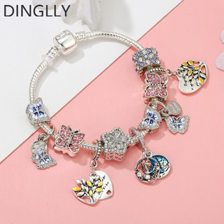 Dinglly สร้อยข้อมือ ลูกปัดคริสตัล รูปผีเสื้อ ดอกไม้ สีชมพู สําหรับผู้หญิง DIY