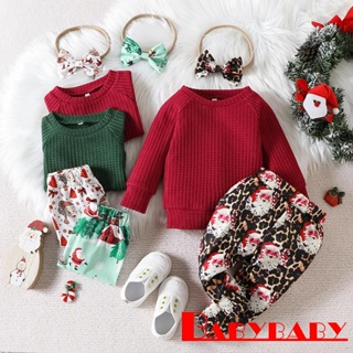 Babybaby- เด็กผู้หญิง คริสต์มาส สีพื้น วาฟเฟิล แขนยาว เสื้อกันหนาว + กางเกงขายาว พิมพ์ลายซานต้า + ชุดที่คาดผม
