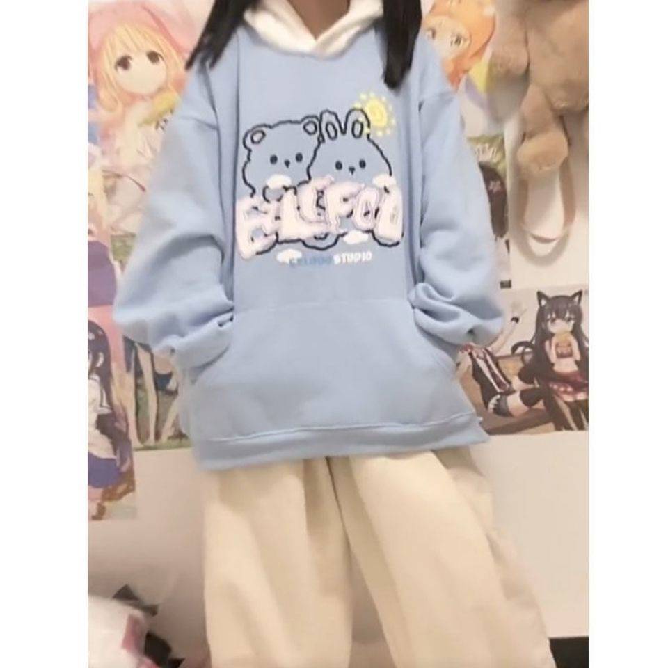 เสื้อสเวตเตอร์สไตล์ญี่ปุ่นมีฮู้ดหูกระต่ายนักเรียนฤดูใบไม้ร่วงและฤดูหนาวเสื้อโค้ทหวาน