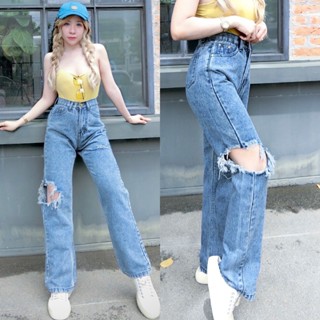 Cc jeans กางเกงยีนส์ผู้หญิง no 220 ทรงกระบอก เอวสูง แต่งขาด