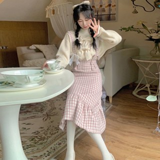 🎀พร้อมส่ง 👗ใหม่อารมณ์อ่อนโยนเสื้อสเวตเตอร์หลวมสายรัดกระโปรงชุดสองชิ้นสำหรับนักเรียนหญิง