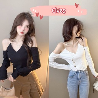 Elves✨พร้อมส่ง✨ เสื้อไหมพรมแขนยาว เปิดไหม เรียบหรูดูแพงมาก ~U036~ -C