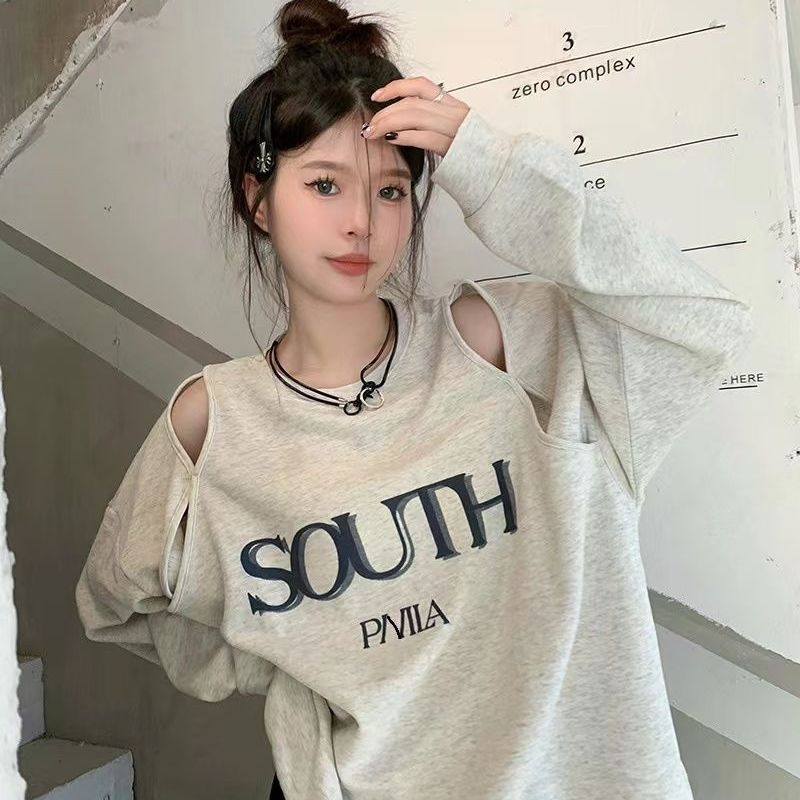 เสื้อเปิดไหล่แขนยาว-เสื้อสเวตเตอร์คอกลมแขนยาวพิมพ์ลายตัวอักษรเกาหลีสำหรับผู้หญิง