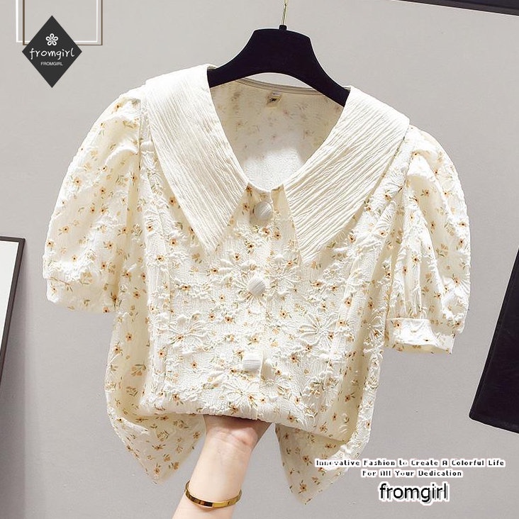 เสื้อเชิ้ตแขนสั้น คอวี ผ้าชีฟอง เอวสูง ลายดอกไม้ สุดชิค แฟชั่นฤดูร้อน ...