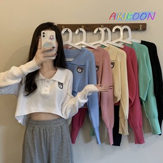 AKIFOON 🌷พร้อมส่ง🌷91025&amp; เสื้อยืดผู้หญิงฤดูร้อนแขนสั้นการออกแบบซอกสั้นคาร์ดิแกนขนาดเล็กเอวสูงสะดือซิปถักบางด้านบนผู้หญิง