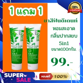 Hot!ยาสีฟันดีเด้นท์5in1 (ซื้อ1แถม1) สูตรเปปเปอร์มิ้นต์ ลดกลิ่นปาก ป้องกันฟันผุ ขนาด100กรัม.