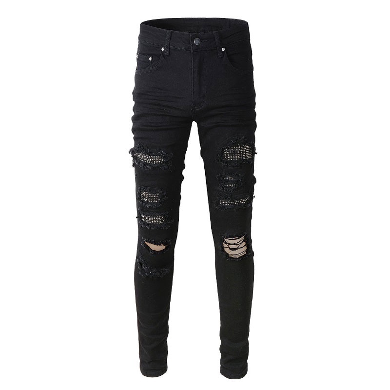 amiri-กางเกงยีนส์สีดำ-มีด-cut-hole-patch-slim-jeans