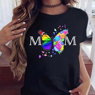 เสื้อยืดน่ารักๆ Nieuwe Vrouwen เสื้อยืดโหมด Moeder Vlinder Bloemenprint Tshirt แคชชวล Korte Mouw Tops Tee Vrouwen เสื้อย