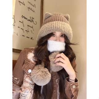 หมวกผ้าขนแกะถัก แต่งหูแมวน่ารัก ให้ความอบอุ่น เข้ากับทุกการแต่งกาย สไตล์เกาหลี แฟชั่นฤดูหนาว สําหรับผู้หญิง