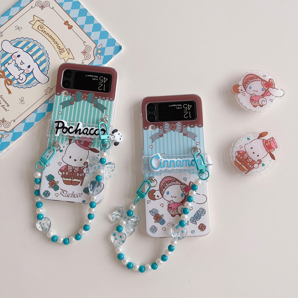 เคสโทรศัพท์มือถือ-pc-แข็ง-แบบใส-กันกระแทก-ลายการ์ตูน-pochacco-cinnamoroll-พร้อมสายคล้อง-สําหรับ-samsung-galaxy-z-flip-3-5g-3in1-z-flip-4