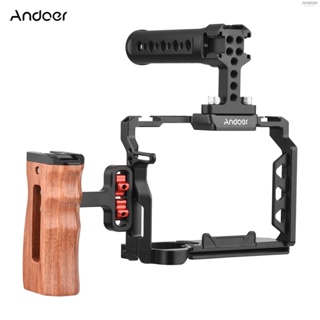 Andoer Aluminum Alloy Camera Cage Kit with Top Handle Grip Wooden Side Handle Grip Replacement for  A7 IV