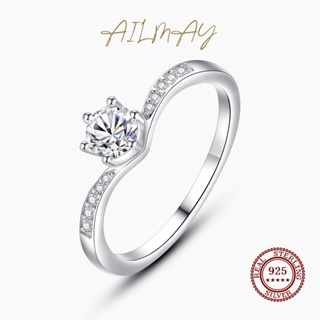 Ailmay มาใหม่ แหวนเงินแท้ 925 ประดับเพทาย ทรงกลม เครื่องประดับ สําหรับผู้หญิง งานแต่งงาน