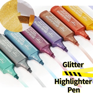 ปากกามาร์กเกอร์ ไฮไลท์ ปลายเฉียง แบบนิ่ม สีเมทัลลิก แวววาว อุปกรณ์เครื่องเขียน สําหรับนักเรียน มี 8 สี