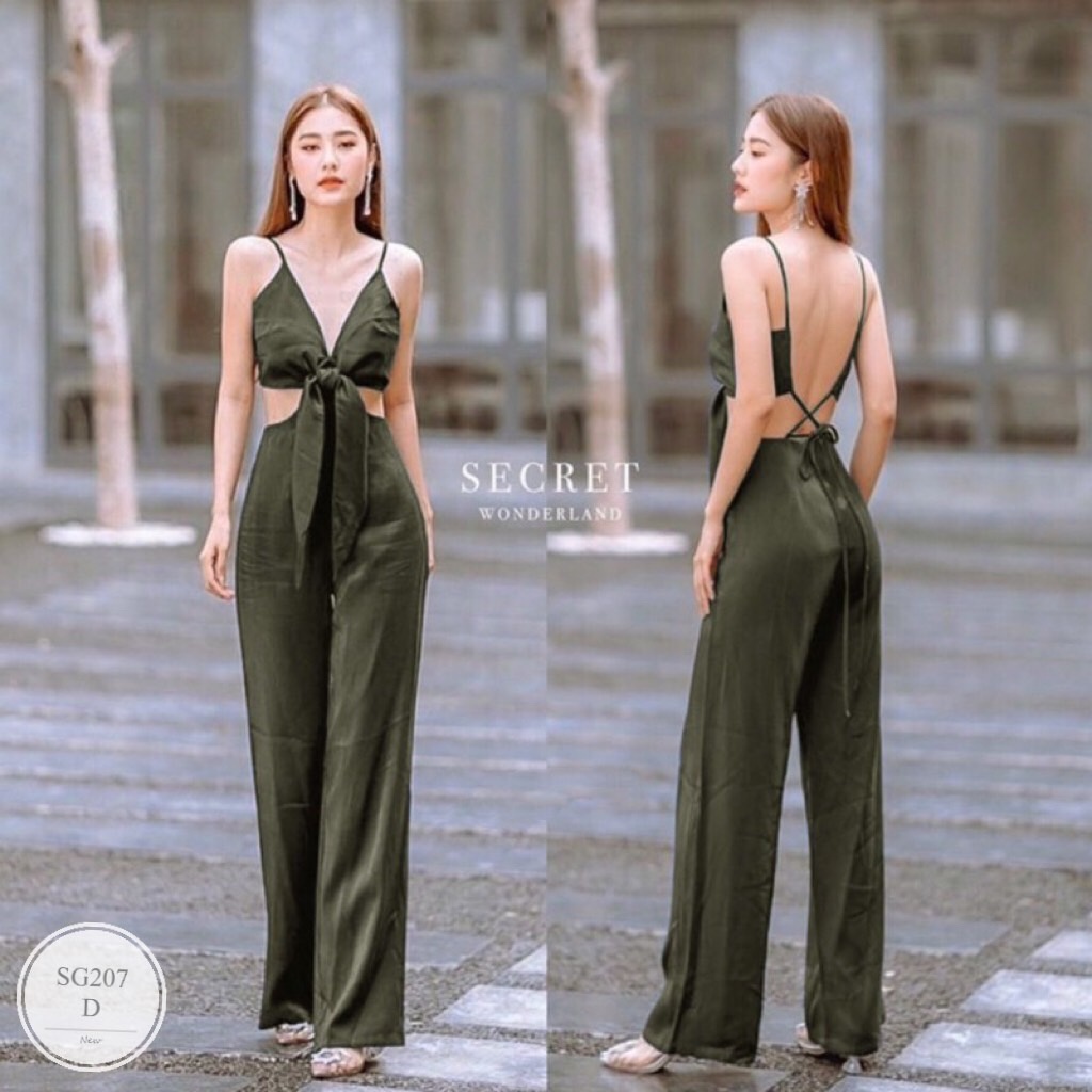 es207-jumpsuit-จั้มสูทสายเดี่ยว-อกผูกโบว์สายเดี่ยวผูกแบบไขว้ด้านหลัง-เอวสม็อคหลัง-มีซิปหลัง-งานผ้าซ่าร่า-พร้อมส่ง