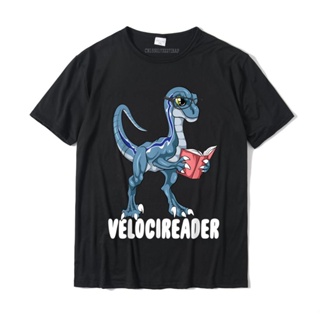 เสื้อเชิ้ตชาย Velocireader komik Velociraptor dinozor okuma kitap Lover T-Shirt rahat T-Shirt klasik pamuk erkekler göml