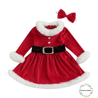 Babyclothes- ชุดเดรสแขนยาว ผ้ากํามะหยี่ขนนิ่ม ลายคริสต์มาส พร้อมเข็มขัด และโบว์คาดศีรษะ สําหรับเด็กวัยหัดเดิน