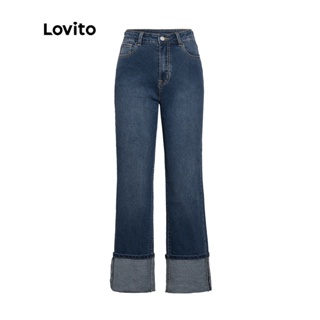สินค้า Lovito กางเกงยีนขายาว ลําลอง แบบพลิกขึ้น สีน้ําเงินเข้ม สําหรับผู้หญิง L33AD097
