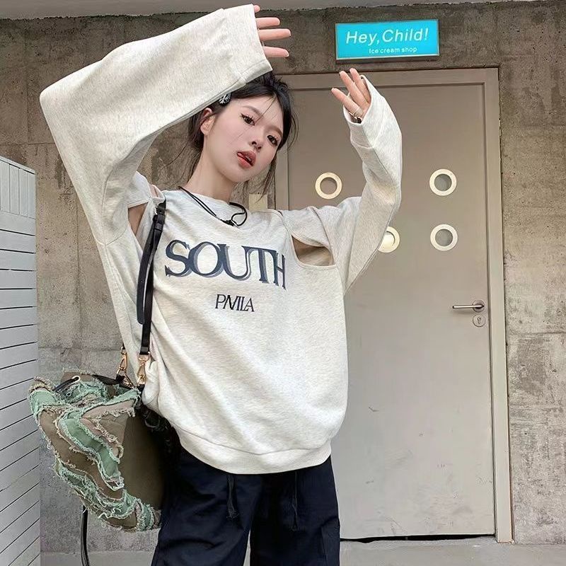 เสื้อเปิดไหล่แขนยาว-เสื้อสเวตเตอร์คอกลมแขนยาวพิมพ์ลายตัวอักษรเกาหลีสำหรับผู้หญิง